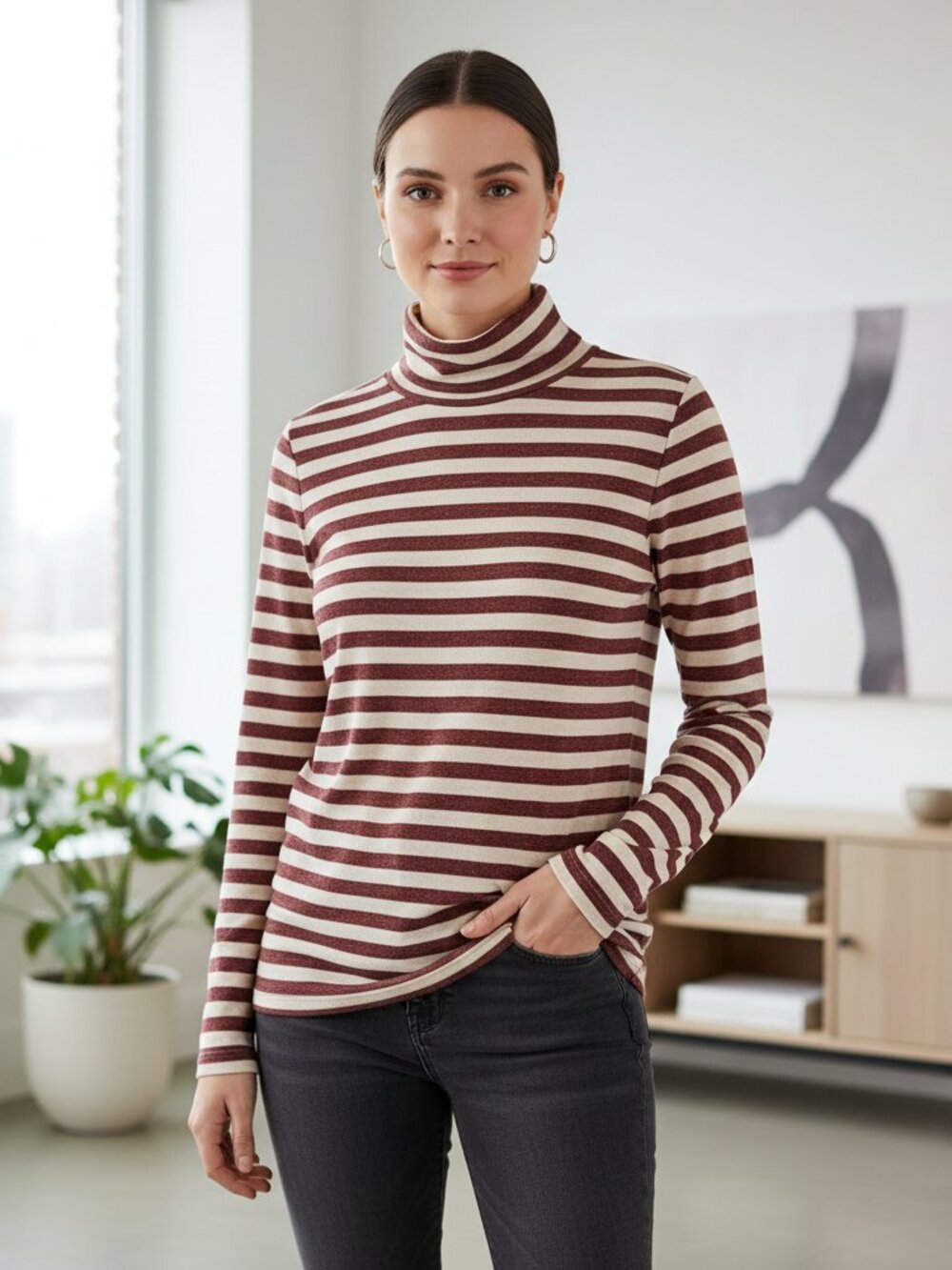 NEW Loft PL Red Cream Shimmer Turtleneck Top Metallic Quiet Luxury Minimalist‎